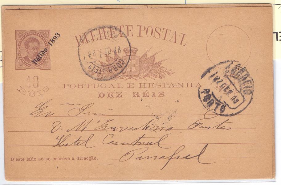 0193 v.jpg -     Lote:    193 (verso)            Portugal       Descrição:         1893 &mdash; D. Luís I, de frente, com sobrecarga "Válido 1893". OM19, 10 reis. Lote de dois inteiros: um circulado com selo adicional de 10 reis CE69 de Lisboa (20.12.95) para a Escócia, e outro circulado do Porto para Penafiel com a sobrecarga deslocada.        IC       Valor Base:     &euro; 15,00     Valor Venda:     &euro; 18,00     